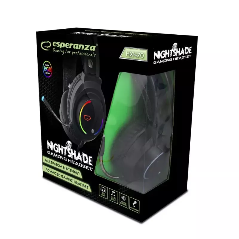 Esperanza EGH470 Nightshade auscultadores gaming com fio e microfone, retroiluminação RGB, controlo de volume, 32 Ω, pretos