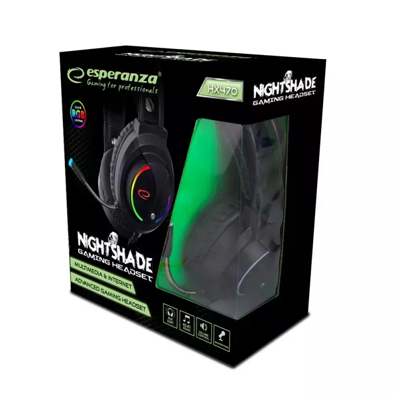 Esperanza EGH470 Nightshade auscultadores gaming com fio e microfone, retroiluminação RGB, controlo de volume, 32 Ω, pretos