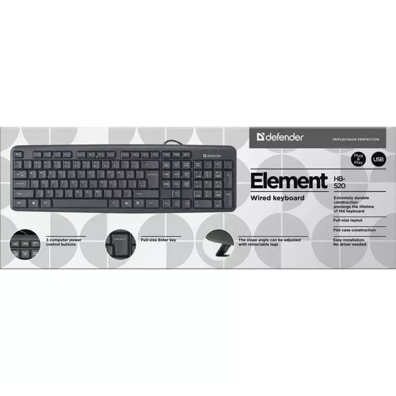 Teclado USB com fios DEFENDER HB-520 – layout compacto, ligação USB