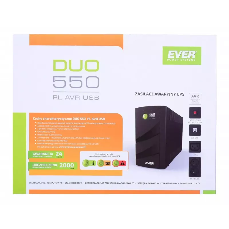 UPS EVER DUO 550 PL AVR USB 550 VA, 0,55 kVA / 330 W, Line-Interactive, 3 saídas C13, bateria 12V 5Ah