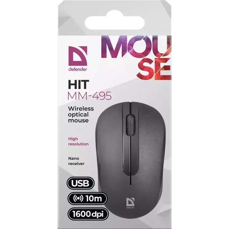 Rato ótico sem fios DEFENDER HIT MM-495 RF, ambidestro, 1600 DPI, recetor USB RF, preto