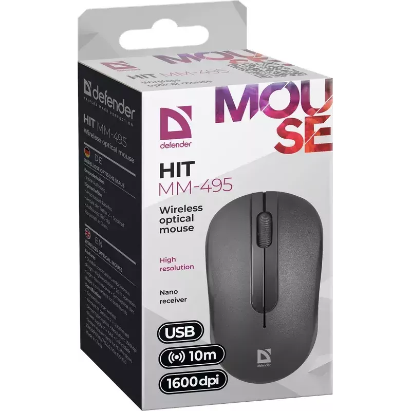 Rato ótico sem fios DEFENDER HIT MM-495 RF, ambidestro, 1600 DPI, recetor USB RF, preto