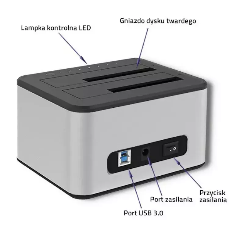 Docking station QOLTEC 5316 para 2x HDD/SSD de 2,5/3,5 polegadas, SATA, USB 3.0 (5 Gb/s), caixa em alumínio