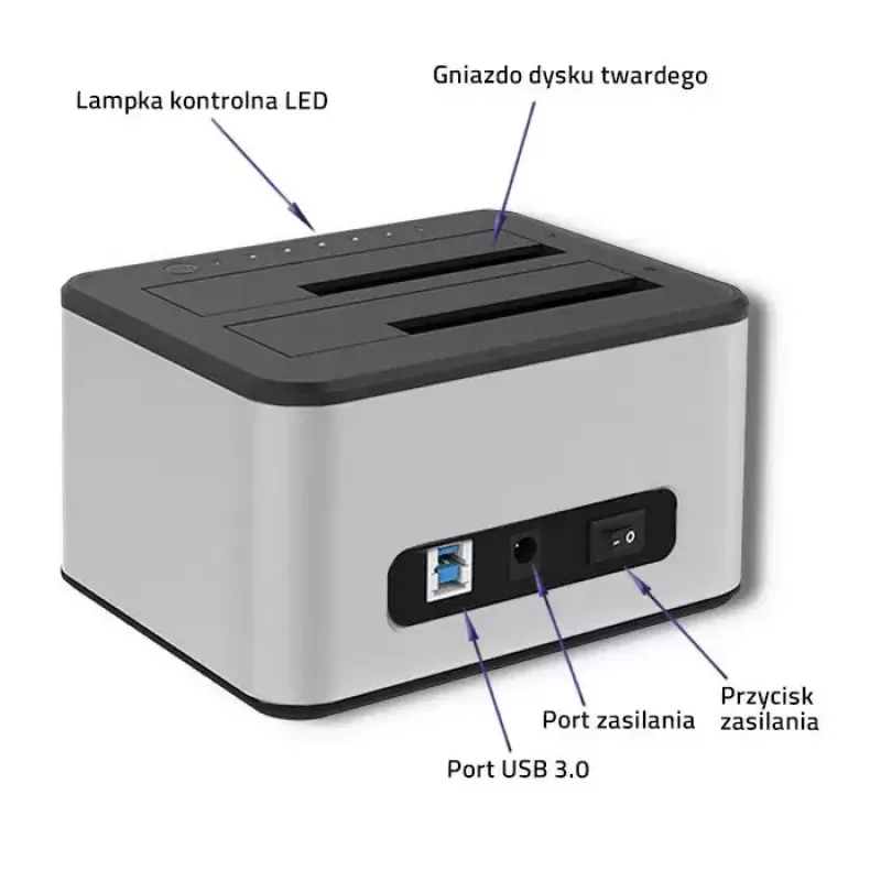 Docking station QOLTEC 5316 para 2x HDD/SSD de 2,5/3,5 polegadas, SATA, USB 3.0 (5 Gb/s), caixa em alumínio