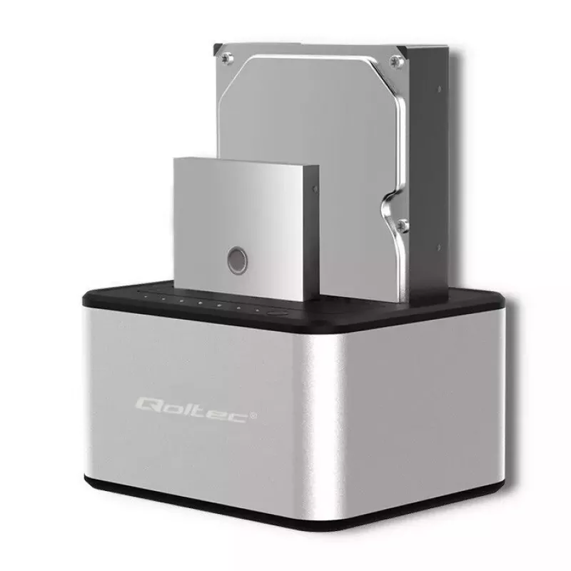 Docking station QOLTEC 5316 para 2x HDD/SSD de 2,5/3,5 polegadas, SATA, USB 3.0 (5 Gb/s), caixa em alumínio
