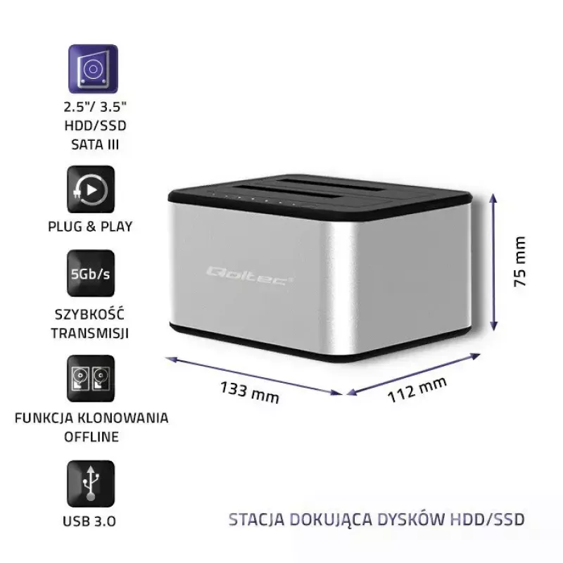 Docking station QOLTEC 5316 para 2x HDD/SSD de 2,5/3,5 polegadas, SATA, USB 3.0 (5 Gb/s), caixa em alumínio