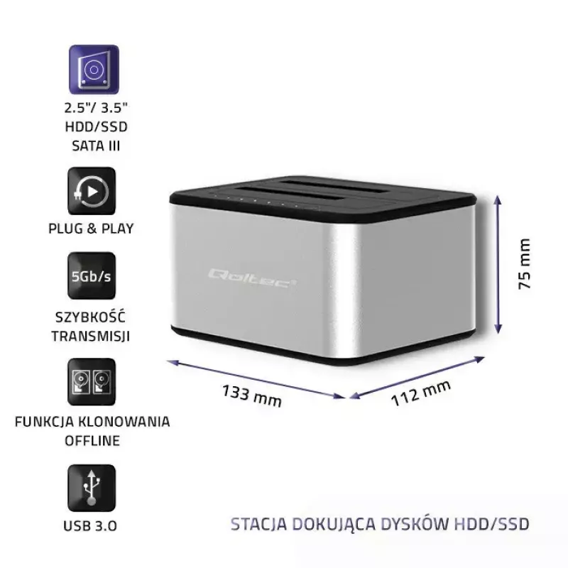 Docking station QOLTEC 5316 para 2x HDD/SSD de 2,5/3,5 polegadas, SATA, USB 3.0 (5 Gb/s), caixa em alumínio