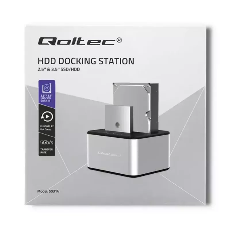Docking station QOLTEC 5316 para 2x HDD/SSD de 2,5/3,5 polegadas, SATA, USB 3.0 (5 Gb/s), caixa em alumínio