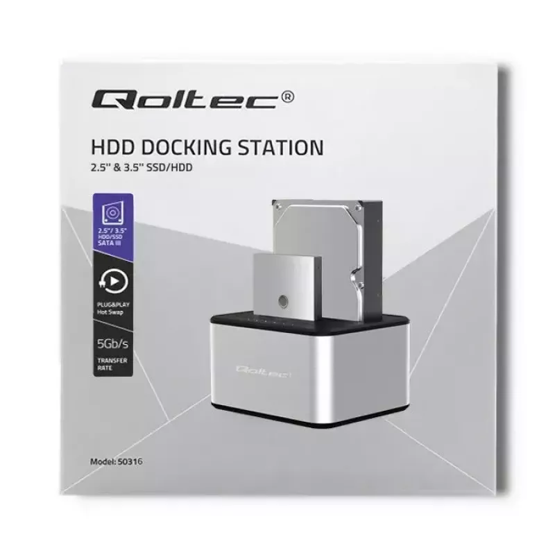 Docking station QOLTEC 5316 para 2x HDD/SSD de 2,5/3,5 polegadas, SATA, USB 3.0 (5 Gb/s), caixa em alumínio