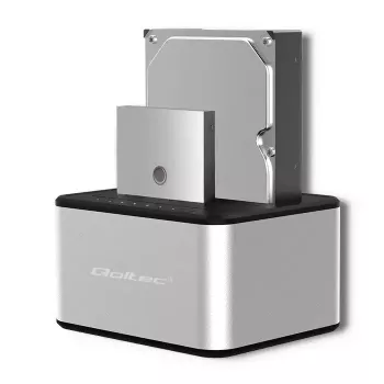 Docking station QOLTEC 5316 para 2x HDD/SSD de 2,5/3,5 polegadas, SATA, USB 3.0 (5 Gb/s), caixa em alumínio