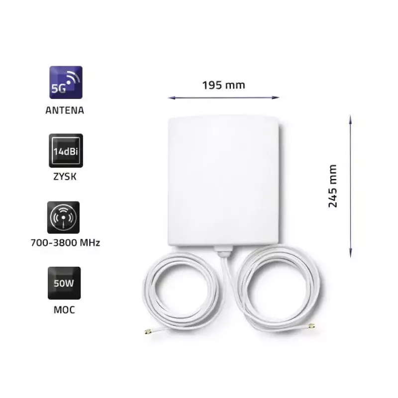 Antena direcional exterior 5G LTE QOLTEC 57022 — 14 dBi, 700–3800 MHz, 50 Ω, caixa em cobre