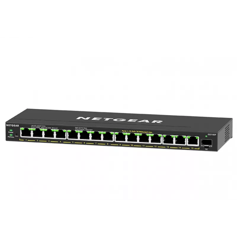 Switch de rede NETGEAR GS316EP-100PES Managed Gigabit Ethernet (10/100/1000) Power over Ethernet (PoE) preto