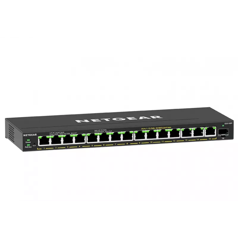 Switch de rede NETGEAR GS316EP-100PES Managed Gigabit Ethernet (10/100/1000) Power over Ethernet (PoE) preto