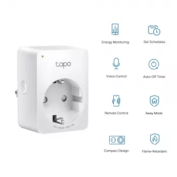 Tomada inteligente Wi-Fi TP-Link Tapo Mini, monitorização de energia, interior, branco, casa, escritório, estado, Android, iOS, sem fios