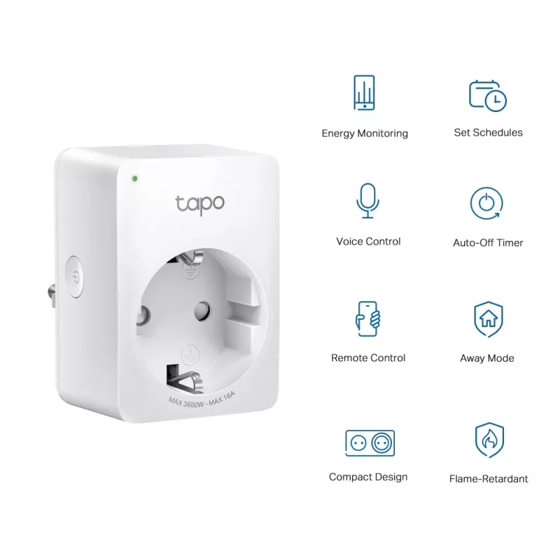 Tomada inteligente Wi-Fi TP-Link Tapo Mini, monitorização de energia, interior, branco, casa, escritório, estado, Android, iOS, sem fios