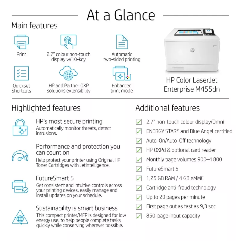 HP Color LaserJet Enterprise M455dn, laser, cor, 600 x 600 DPI, A4, 27 ppm, impressão frente e verso