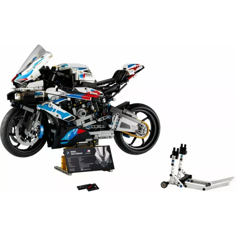 Modelo de mota LEGO Technic BMW M1000RR 42130 com motor detalhado e suspensão funcional