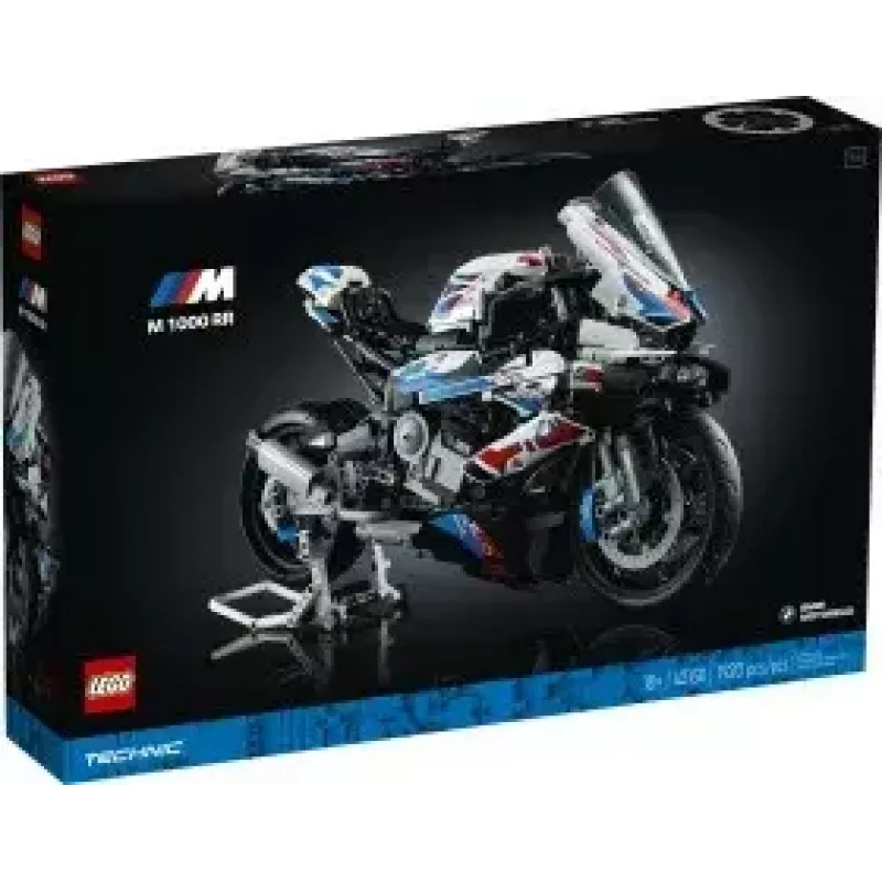 Modelo de mota LEGO Technic BMW M1000RR 42130 com motor detalhado e suspensão funcional