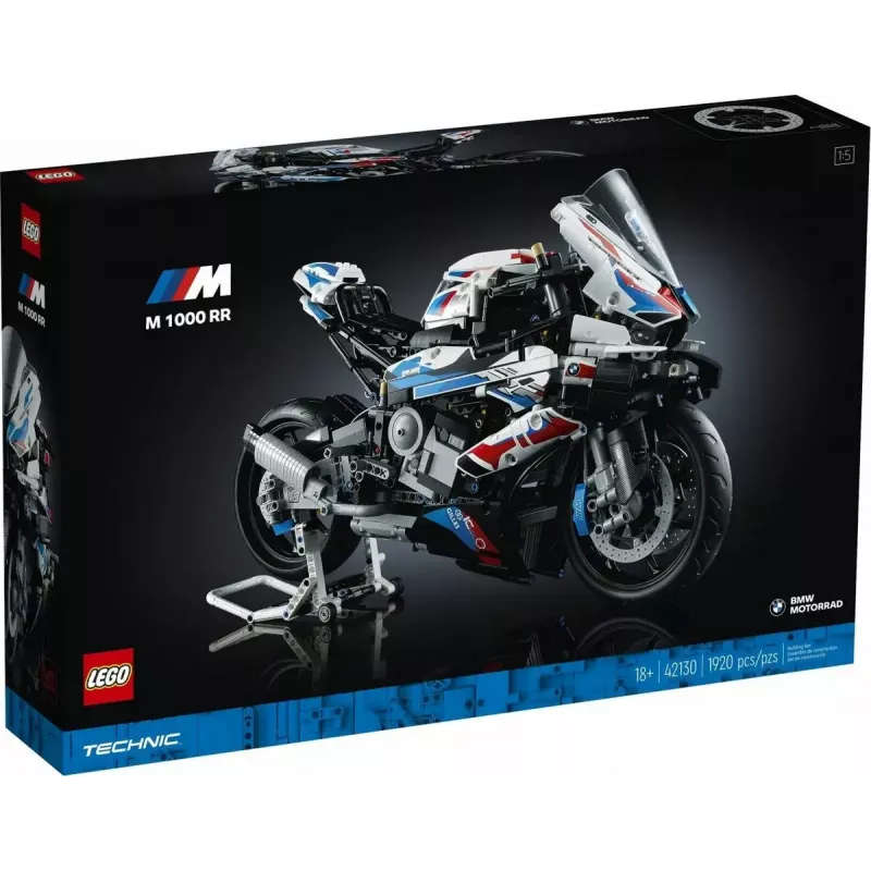 Modelo de mota LEGO Technic BMW M1000RR 42130 com motor detalhado e suspensão funcional