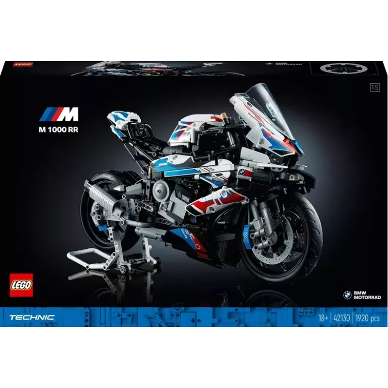 Modelo de mota LEGO Technic BMW M1000RR 42130 com motor detalhado e suspensão funcional