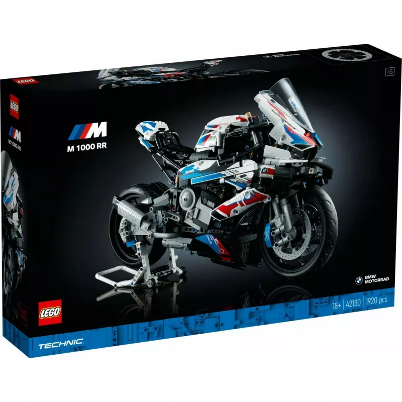 Modelo de mota LEGO Technic BMW M1000RR 42130 com motor detalhado e suspensão funcional