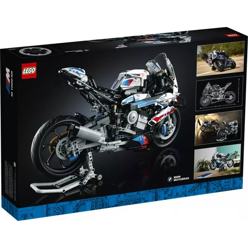 Modelo de mota LEGO Technic BMW M1000RR 42130 com motor detalhado e suspensão funcional