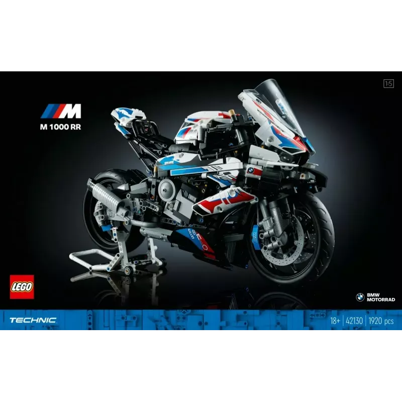 Modelo de mota LEGO Technic BMW M1000RR 42130 com motor detalhado e suspensão funcional
