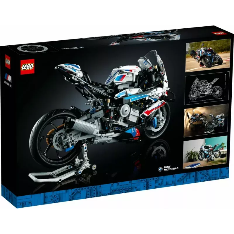 Modelo de mota LEGO Technic BMW M1000RR 42130 com motor detalhado e suspensão funcional