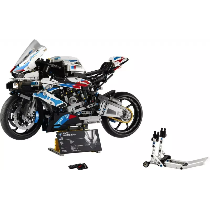 Modelo de mota LEGO Technic BMW M1000RR 42130 com motor detalhado e suspensão funcional