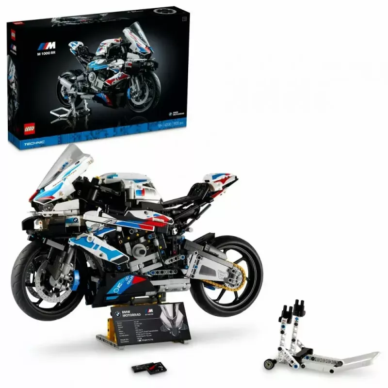 Modelo de mota LEGO Technic BMW M1000RR 42130 com motor detalhado e suspensão funcional