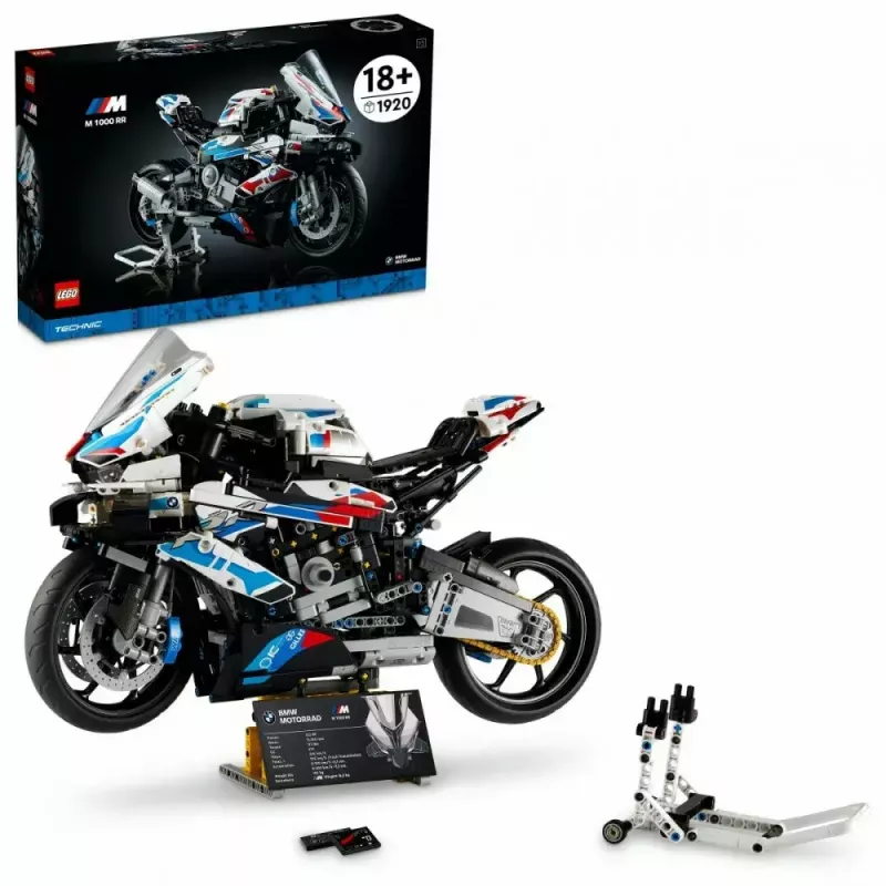 Modelo de mota LEGO Technic BMW M1000RR 42130 com motor detalhado e suspensão funcional