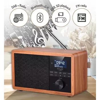 Rádio portátil Adler AD 1184 com sintonizador digital DAB+/FM/AM, Bluetooth 5.0, 15W, SD/USB, despertador, preto/madeira