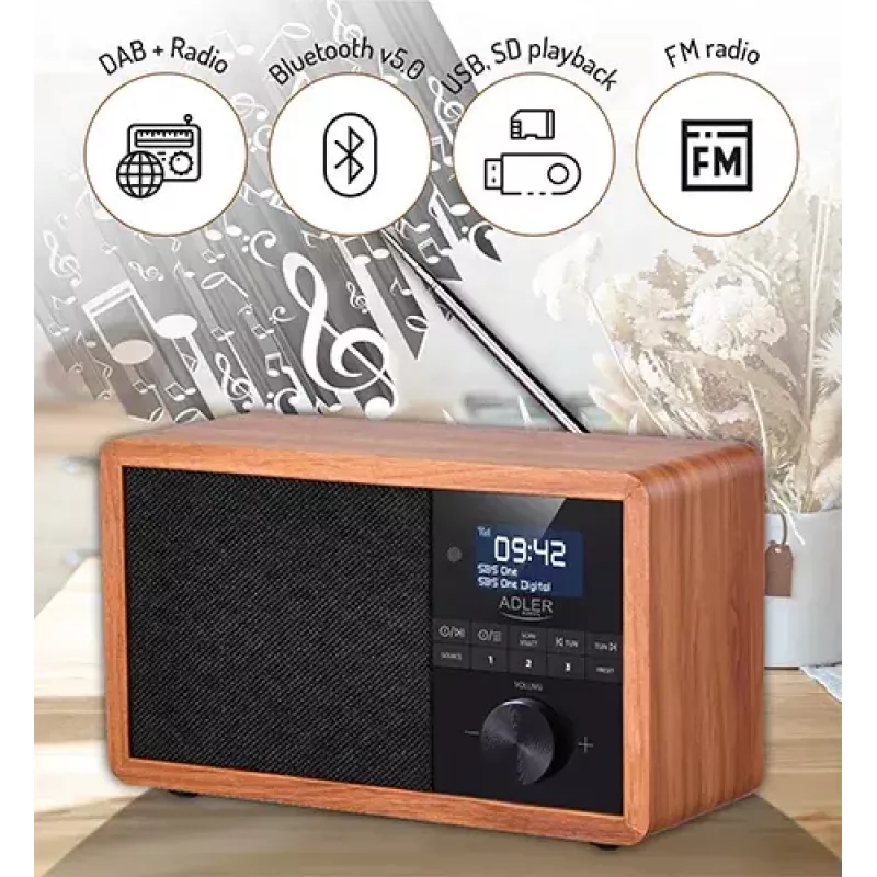 Rádio portátil Adler AD 1184 com sintonizador digital DAB+/FM/AM, Bluetooth 5.0, 15W, SD/USB, despertador, preto/madeira