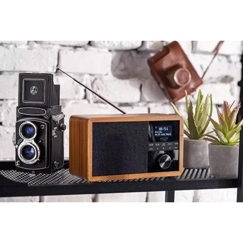 Rádio portátil Adler AD 1184 com sintonizador digital DAB+/FM/AM, Bluetooth 5.0, 15W, SD/USB, despertador, preto/madeira