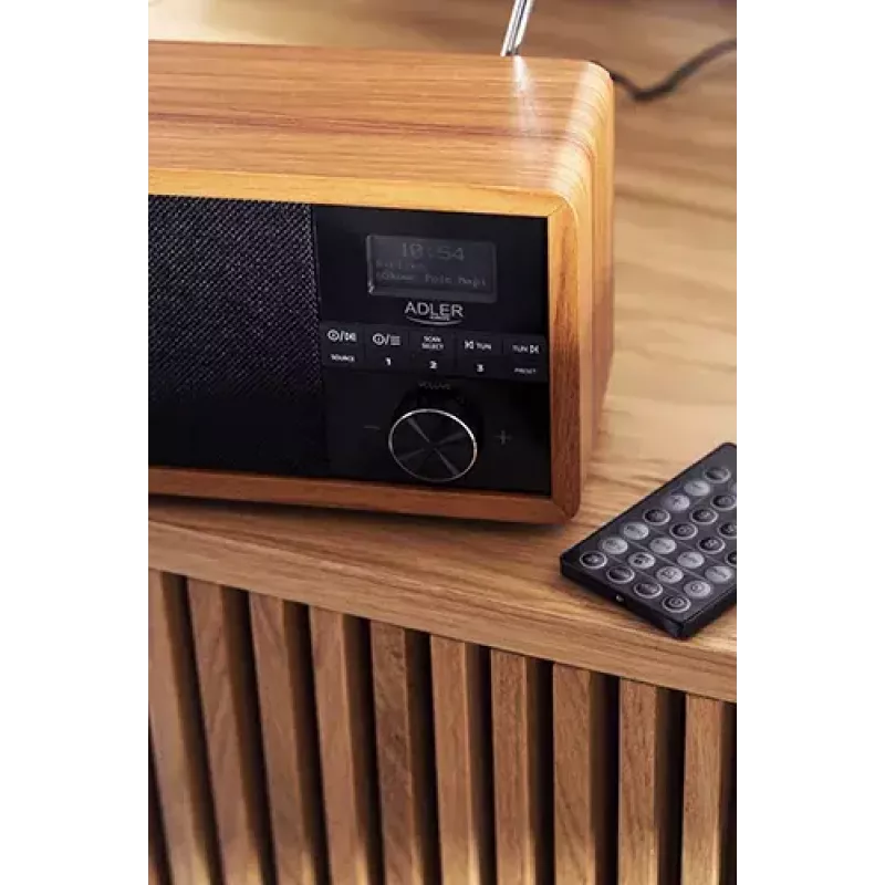 Rádio portátil Adler AD 1184 com sintonizador digital DAB+/FM/AM, Bluetooth 5.0, 15W, SD/USB, despertador, preto/madeira
