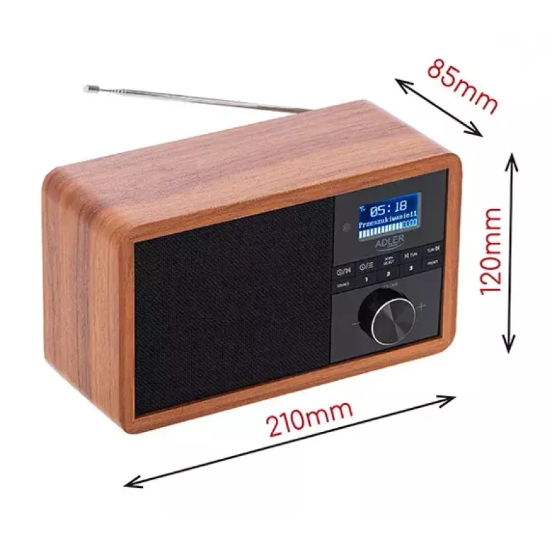 Rádio portátil Adler AD 1184 com sintonizador digital DAB+/FM/AM, Bluetooth 5.0, 15W, SD/USB, despertador, preto/madeira