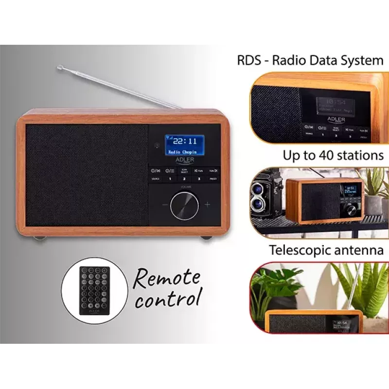 Rádio portátil Adler AD 1184 com sintonizador digital DAB+/FM/AM, Bluetooth 5.0, 15W, SD/USB, despertador, preto/madeira