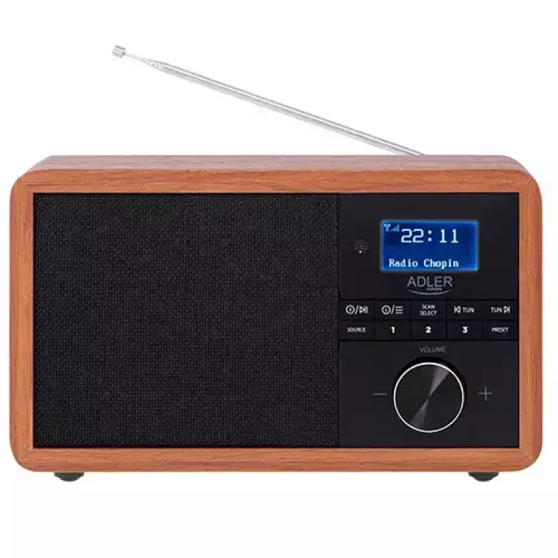 Rádio portátil Adler AD 1184 com sintonizador digital DAB+/FM/AM, Bluetooth 5.0, 15W, SD/USB, despertador, preto/madeira