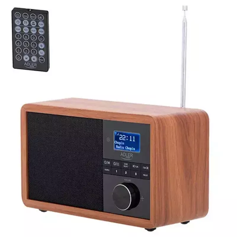 Rádio portátil Adler AD 1184 com sintonizador digital DAB+/FM/AM, Bluetooth 5.0, 15W, SD/USB, despertador, preto/madeira