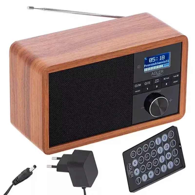 Rádio portátil Adler AD 1184 com sintonizador digital DAB+/FM/AM, Bluetooth 5.0, 15W, SD/USB, despertador, preto/madeira