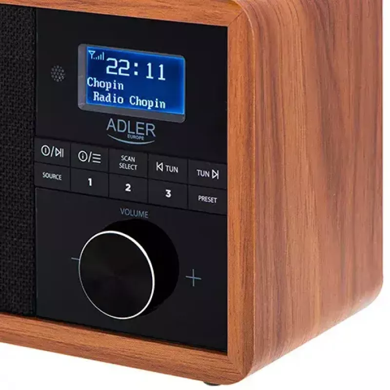 Rádio portátil Adler AD 1184 com sintonizador digital DAB+/FM/AM, Bluetooth 5.0, 15W, SD/USB, despertador, preto/madeira