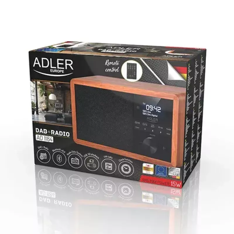 Rádio portátil Adler AD 1184 com sintonizador digital DAB+/FM/AM, Bluetooth 5.0, 15W, SD/USB, despertador, preto/madeira