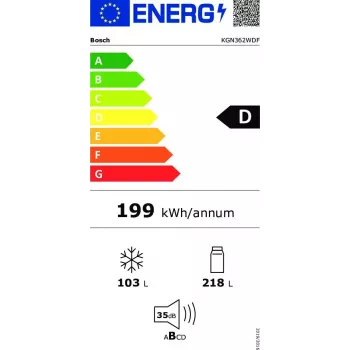 Combinado frigorífico-congelador Bosch Serie 4 KGN362WDF — autónomo, 321 L (218 L frigorífico / 103 L congelador), congelador em baixo, NoFrost, branco