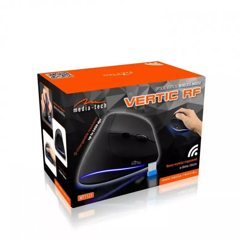 Rato vertical sem fios MEDIA-TECH MT1123, preto, 2400 DPI, 5 botões, recetor RF-USB