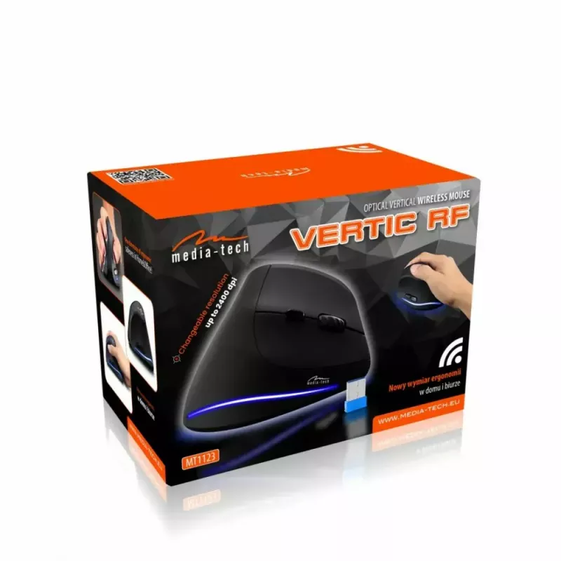 Rato vertical sem fios MEDIA-TECH MT1123, preto, 2400 DPI, 5 botões, recetor RF-USB