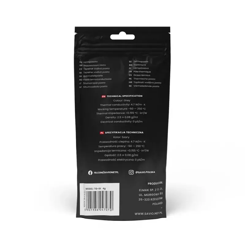 Pasta térmica SAVIO TG-01, 4,7 W/m·K, 10 g, densidade 2,5 g/cm³, funcionamento −50–250 °C