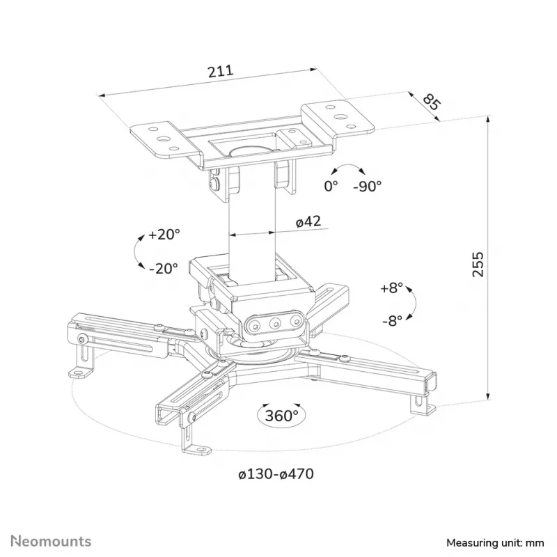 Suporte de teto para projetor Neomounts CL25-530BL1 - altura 25,5 cm - instalação fácil - totalmente móvel