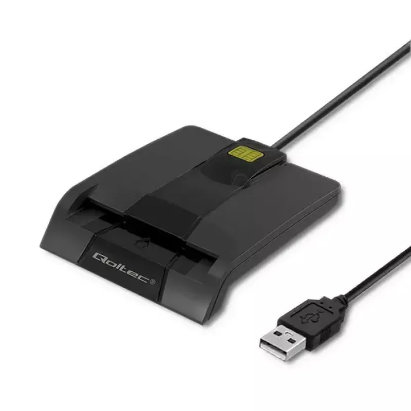 Qoltec 50634 SCR-0634 leitor inteligente de cartões ID com chip, USB 2.0 + adaptador USB-C, preto