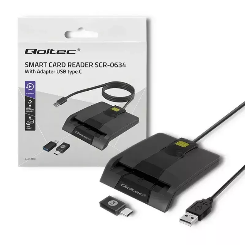 Qoltec 50634 SCR-0634 leitor inteligente de cartões ID com chip, USB 2.0 + adaptador USB-C, preto