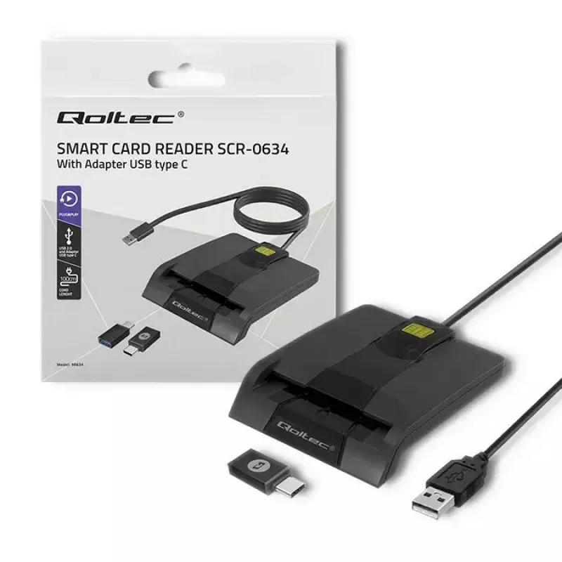 Qoltec 50634 SCR-0634 leitor inteligente de cartões ID com chip, USB 2.0 + adaptador USB-C, preto
